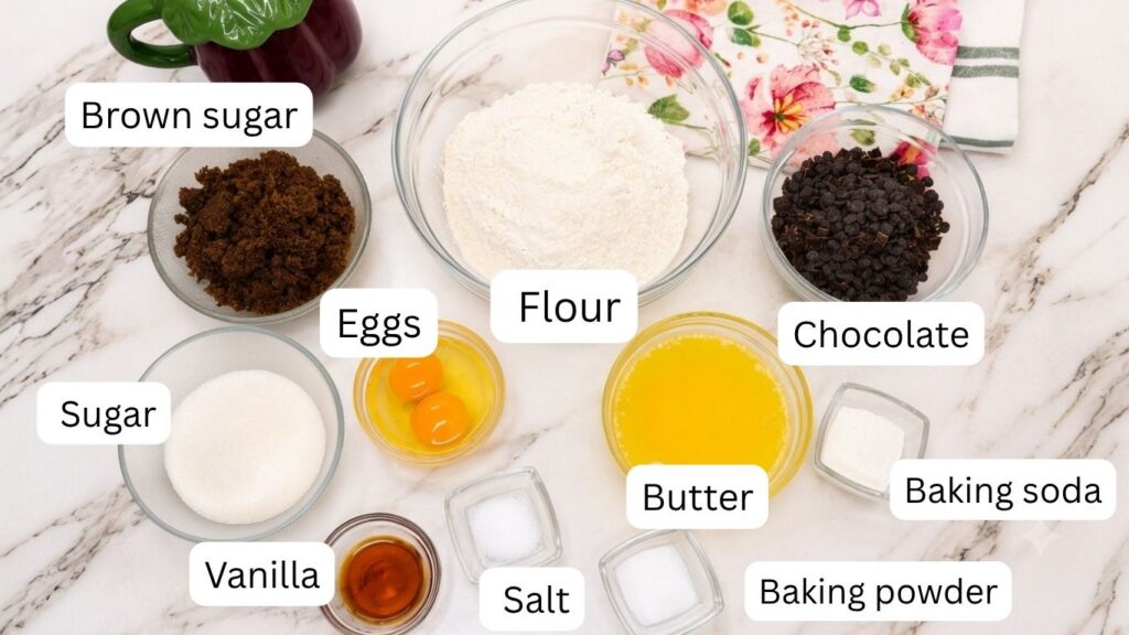 Ingredients for making homemade chocolate chip cookies arranged on a kitchen table, including flour, unrefined brown sugar, granulated sugar, melted butter, eggs, and bowls of dark chocolate chips.