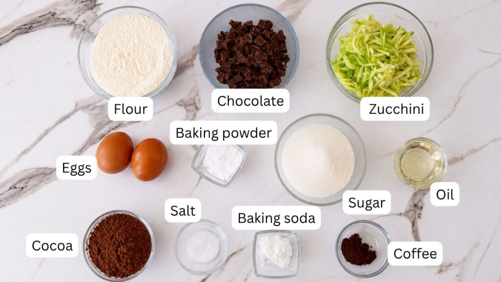 Ovo je super za sliku koja prikazuje sve sastojke prije samog miksanja. U alt tekst ćemo uključiti sastojke i naš keyword.
Evo spremnog alt teksta:
An overhead shot of the ingredients used to make Moist Chocolate Zucchini bread, including flour, cocoa powder, brown sugar, eggs, and a bowl of fresh grated zucchini.