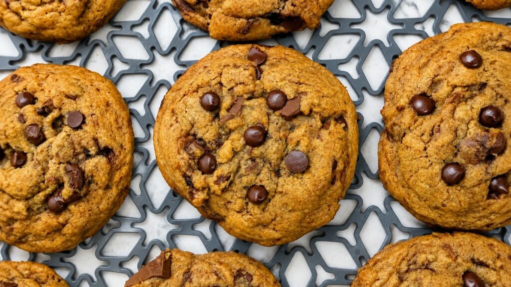 Close-up of soft and chewy chocolate chip cookies with melted chocolate chips on a wooden board.