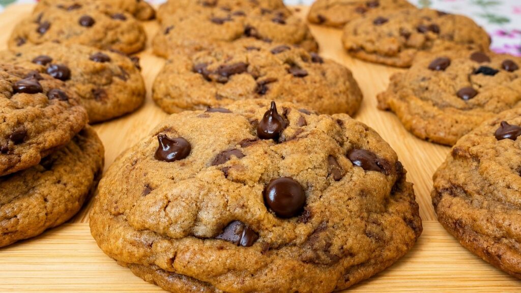 Close-up of soft and chewy chocolate chip cookies with melted chocolate chips on a wooden board.