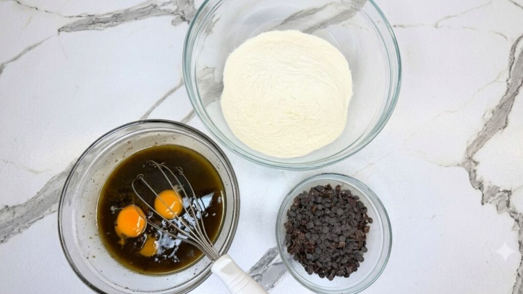 Dry and wet ingredients mixed separately in two bowls.