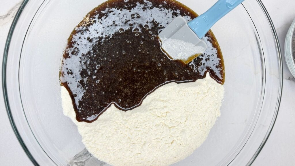 Wet and dry ingredients combined in one bowl.