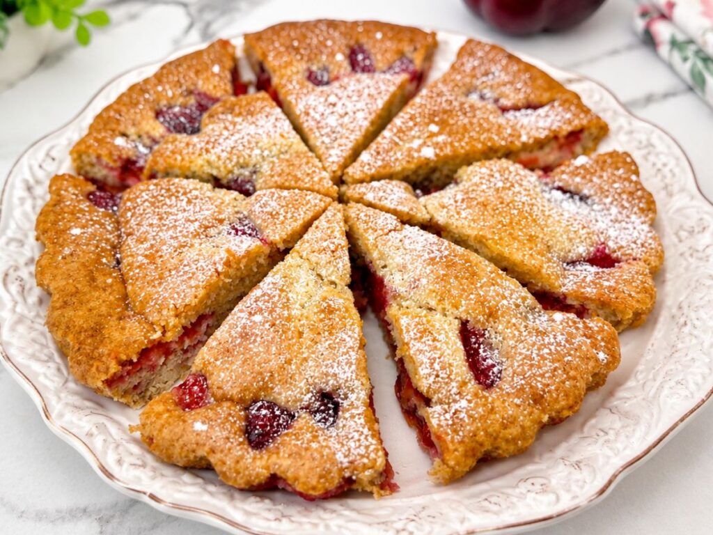 Slice of fresh plum cake with juicy plum pieces and powdered sugar on a blue-and-white plate.