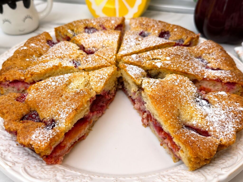 Slice of fresh plum cake with juicy plum pieces and powdered sugar on a blue-and-white plate.