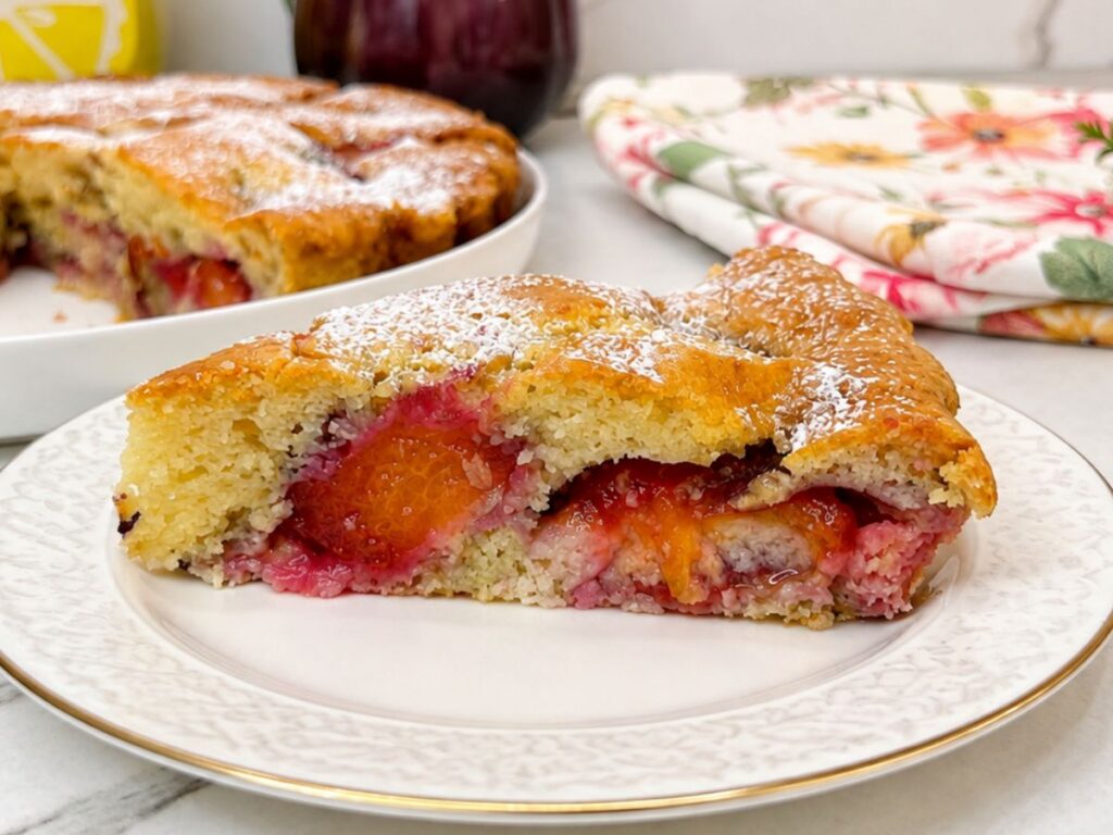 Slice of fresh plum cake with juicy plum pieces and powdered sugar on a blue-and-white plate.
