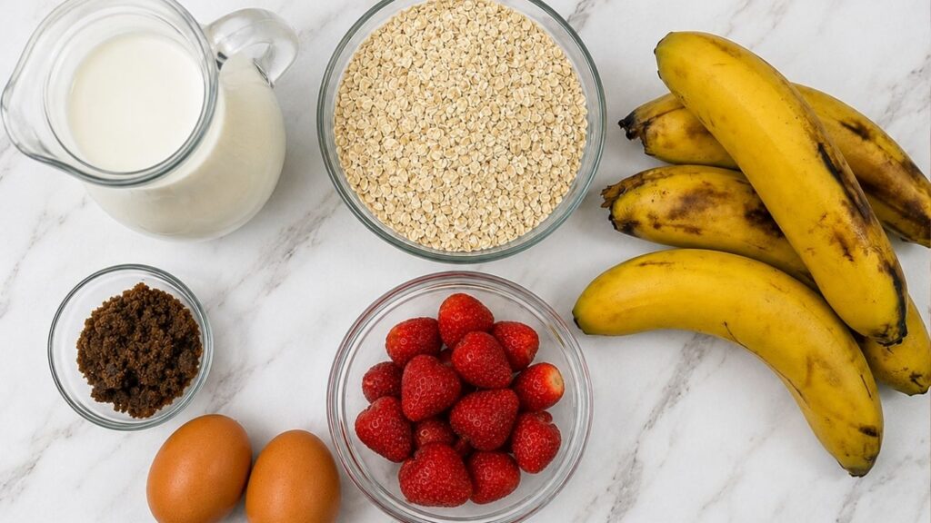 Ingredients for gluten-free banana pancakes with strawberries arranged on a table, including ripe bananas, oats, eggs, milk, brown sugar, and fresh strawberries.