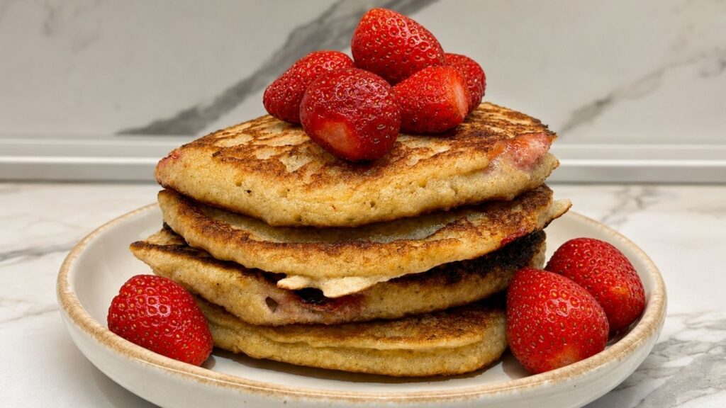 Flourless gluten-free banana pancakes with strawberries