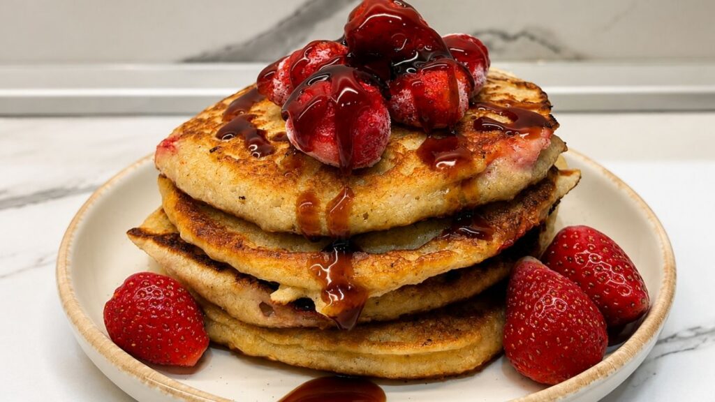 Flourless gluten-free banana pancakes with strawberries, cut open to show the soft oat texture and topped with fresh strawberries and date sauce.