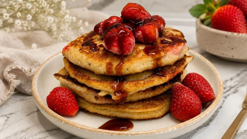 Stack of gluten-free banana pancakes topped with fresh strawberries and chocolate sauce, served with whole strawberries on a plate.