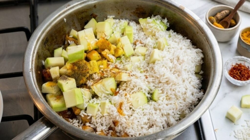 Adding rice, diced zucchini, and spices to the chicken and vegetable mixture in a large pot for one-pot chicken and rice.