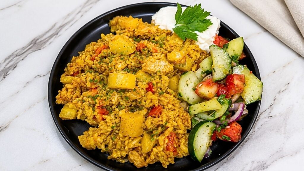 One-pot chicken and rice with vegetables served on a plate with a fresh cucumber and tomato salad.