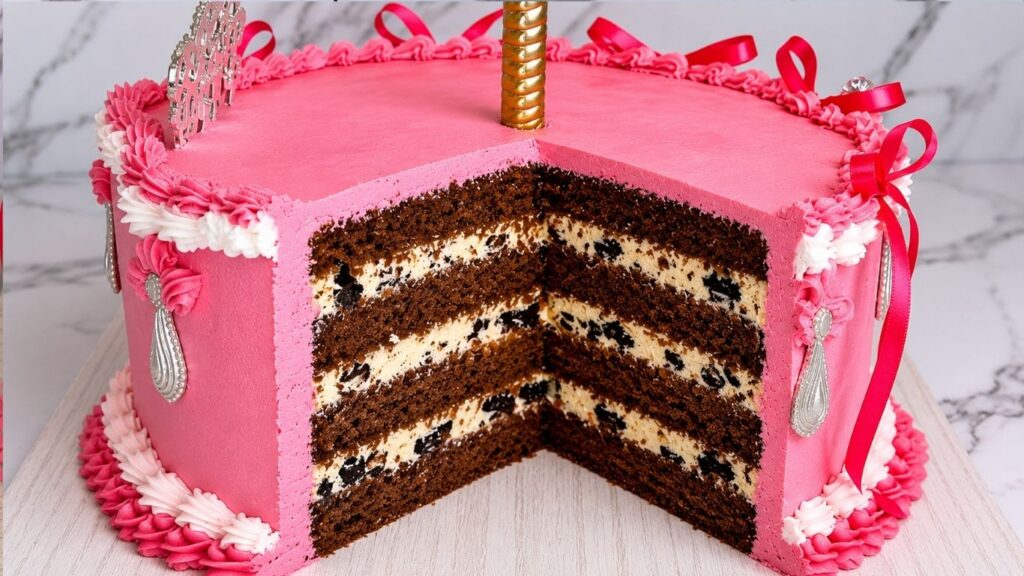 Chocolate Oreo layer cake with creamy Oreo filling and visible chocolate cake layers inside.