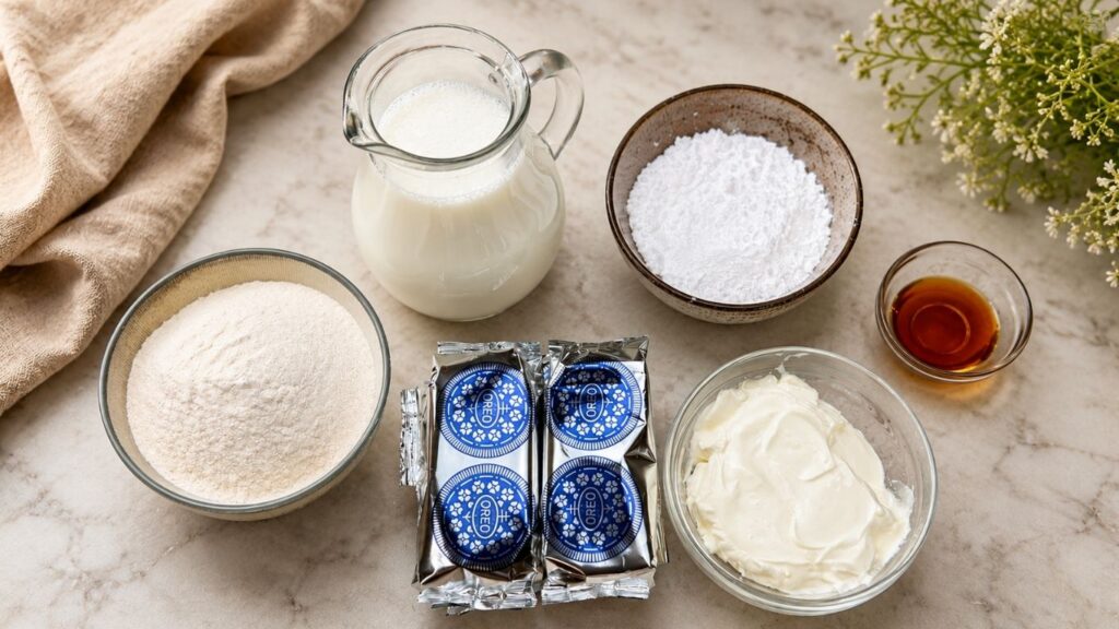 Oreo cake filling ingredients arranged on a table.