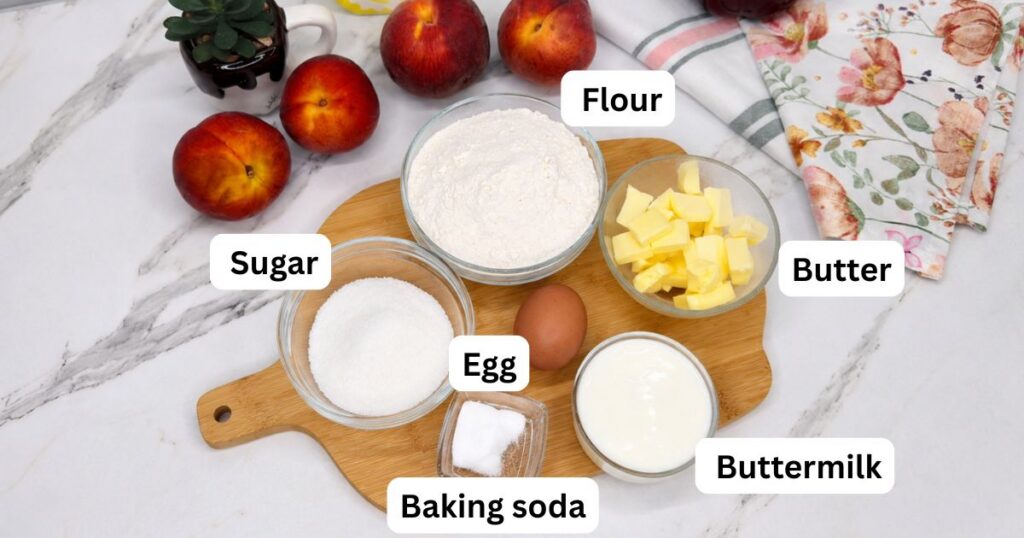 Ingredients for the cobbler topping, including flour, sugar, cold butter, buttermilk, baking soda, salt, and an egg.