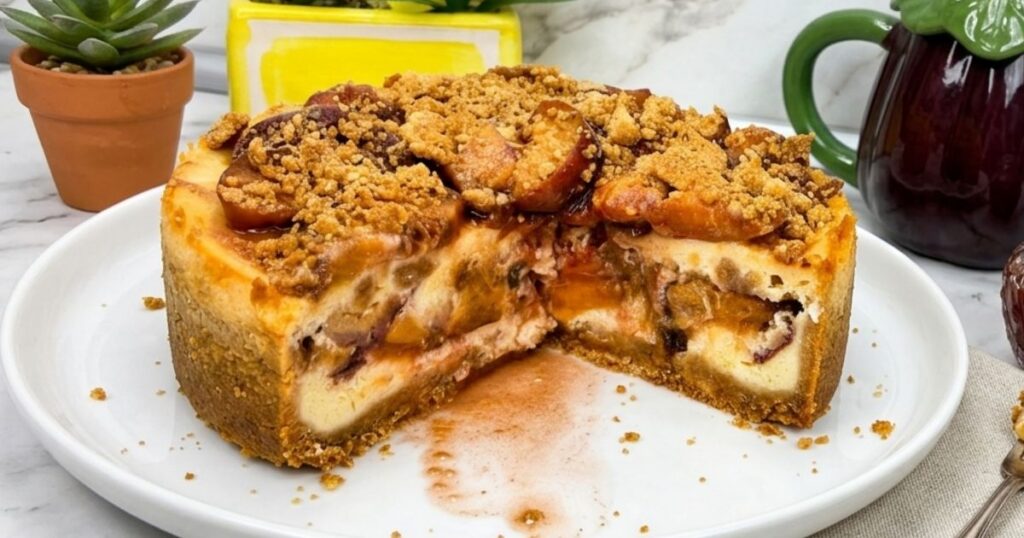 Baked Peach Cobbler Cheesecake with juicy peaches, creamy cheesecake filling, and buttery crumble topping.