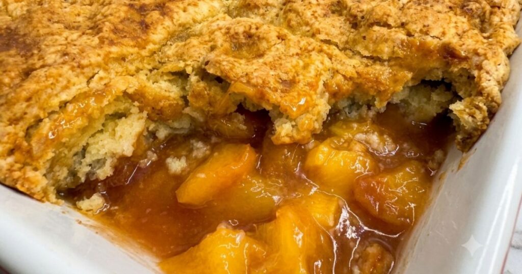 Peach Cobbler in a baking dish with one portion removed to show the juicy peach filling and golden topping.