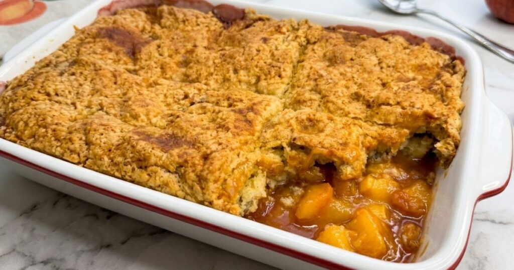 Peach Cobbler in a baking dish with one portion removed to show the juicy peach filling and golden topping.