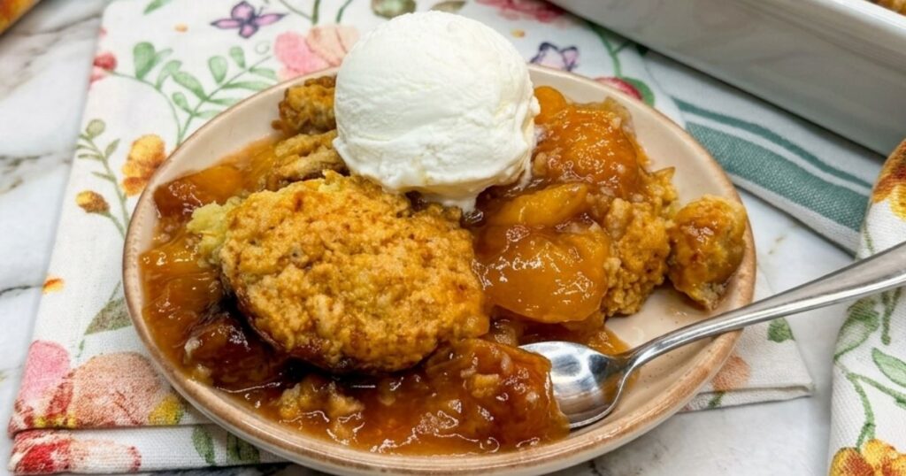 Warm Peach Cobbler served on a plate with a scoop of vanilla ice cream.