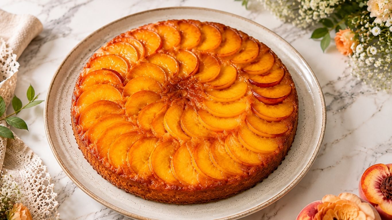 Homemade peach upside down cake flipped onto a serving plate, showing the juicy peach topping on top