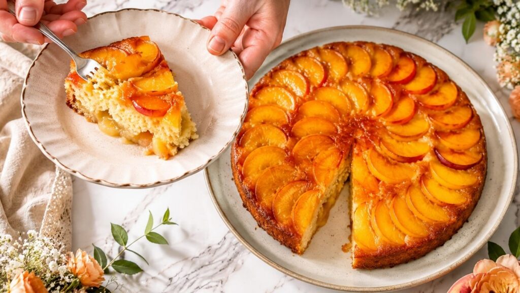 Easy peach upside down cake slice served on a plate next to a homemade peach upside down cake with fresh peach topping