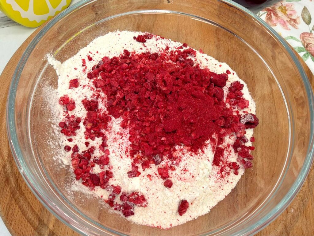 Dry ingredients for raspberry sugar cookies combined in a mixing bowl.