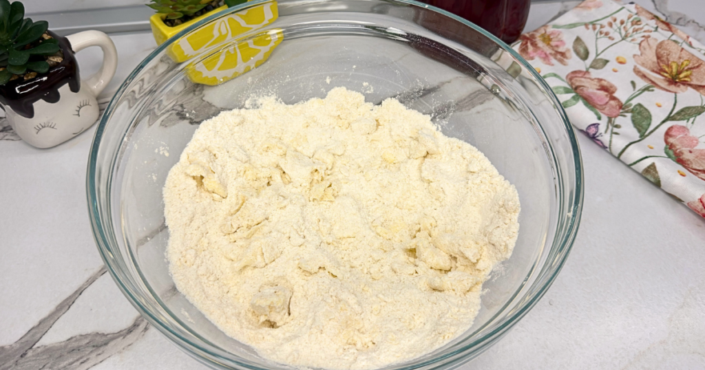 Dry ingredients mixed together in a bowl for strawberry scones.