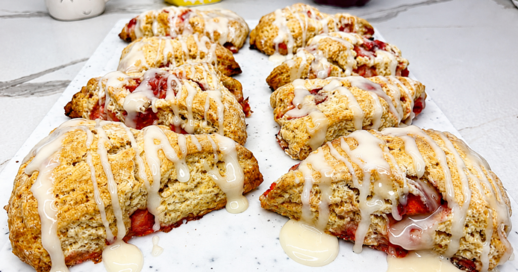 Homemade strawberry scones with frozen strawberry pieces and sweet vanilla glaze on a white serving board.