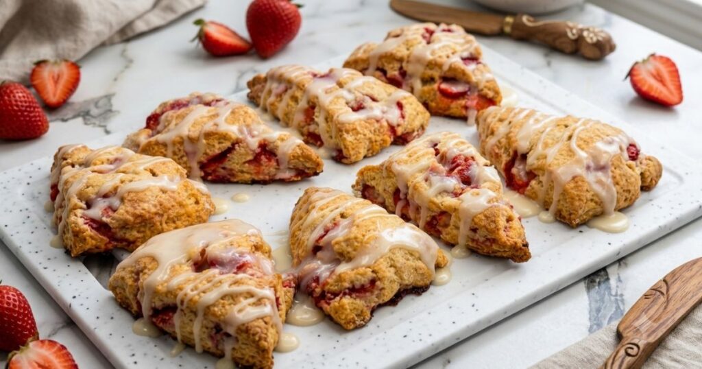 Golden strawberry scones with strawberry pieces and sweet glaze arranged on a white serving board.