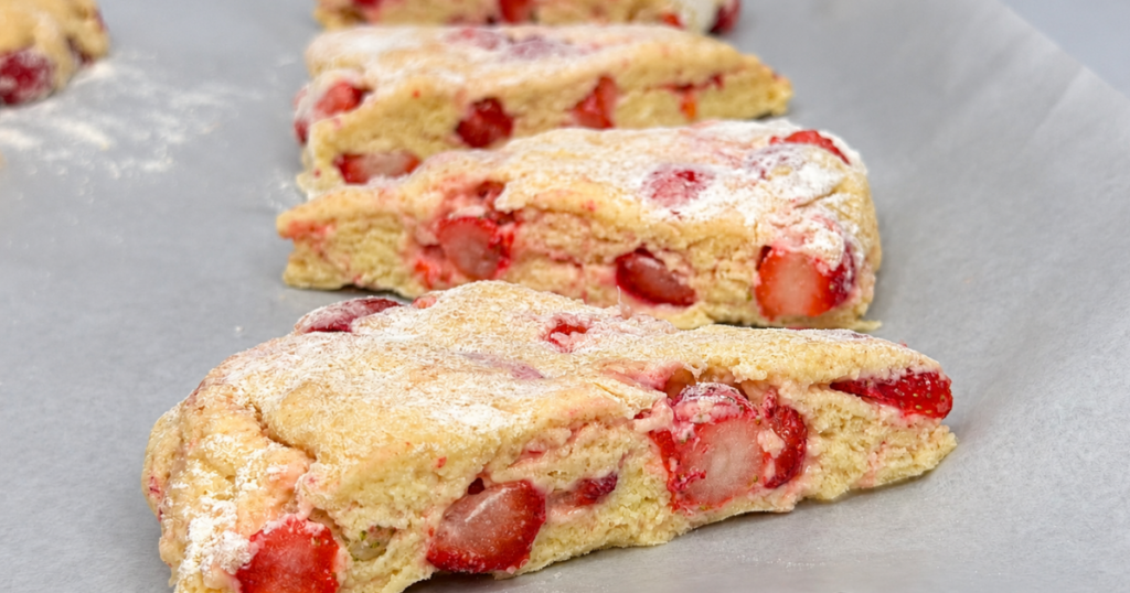 Unbaked strawberry scones arranged on parchment paper on a baking sheet.