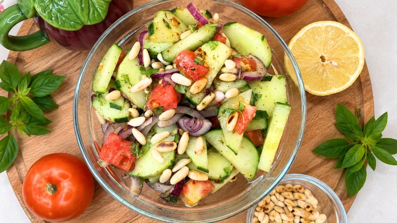 Fresh summer cucumber salad with tomatoes, red onion, basil, toasted pine nuts, and lemon dressing in a glass bowl.
