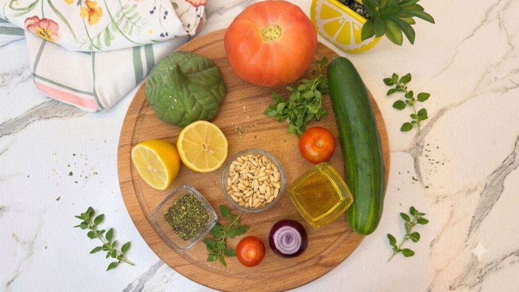 Fresh ingredients for summer cucumber salad arranged on a wooden board, including cucumber, tomatoes, red onion, basil, lemon, olive oil, seasonings, and pine nuts.