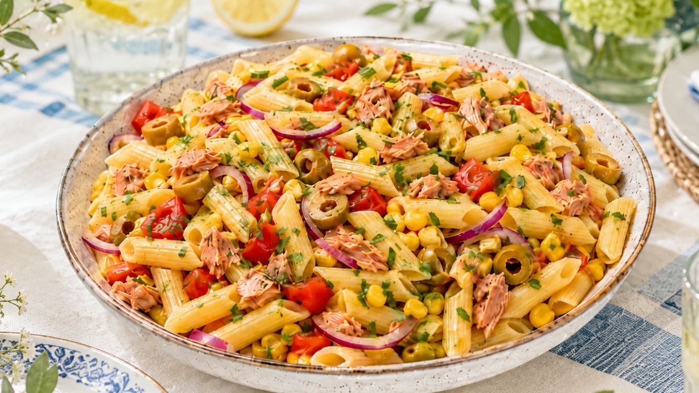 Quick and easy tuna pasta salad with corn, tomatoes, olives, and red onion