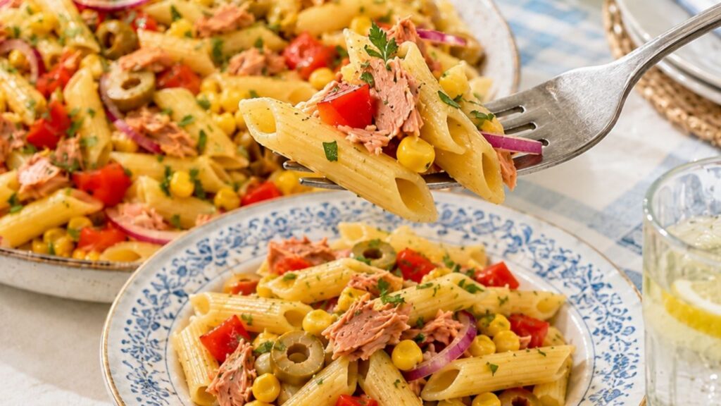 Tuna pasta salad on a plate with pasta, tuna, vegetables, and a forkful of salad