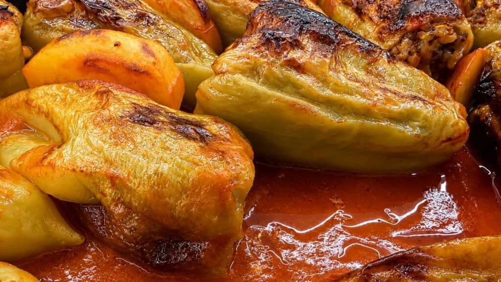 Baked stuffed bell peppers with potatoes in tomato sauce, ready to serve for a homemade stuffed peppers recipe.