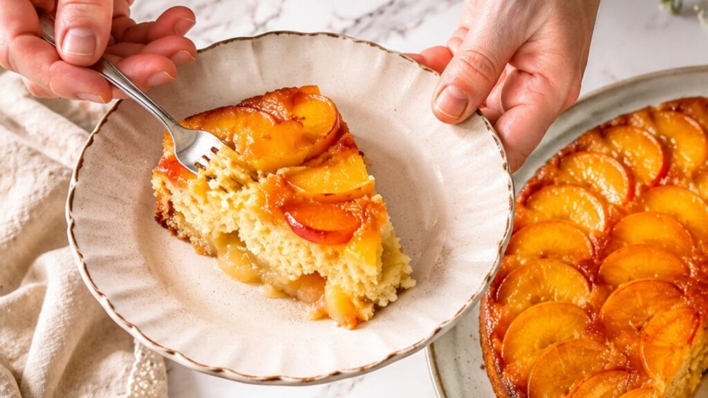 Slice of peach upside down cake on a plate showing the soft cake texture and juicy peach topping