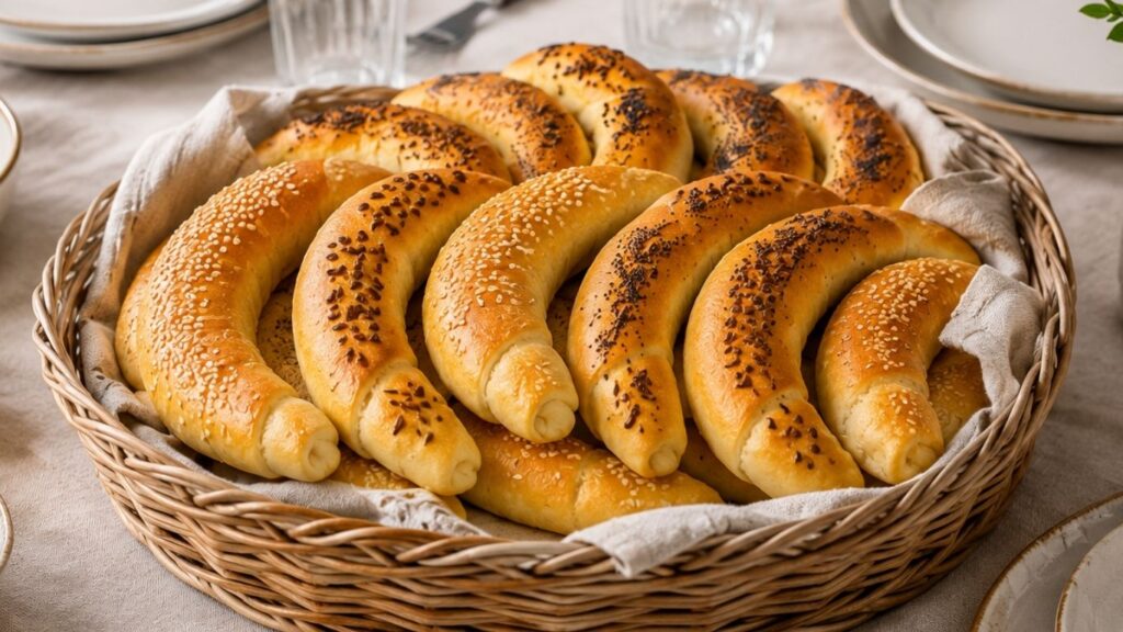 Golden, freshly baked crescent rolls served and beautifully arranged inside a rustic basket.