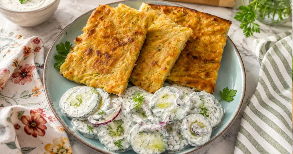Creamy cucumber salad served with a savory zucchini and potato slice.