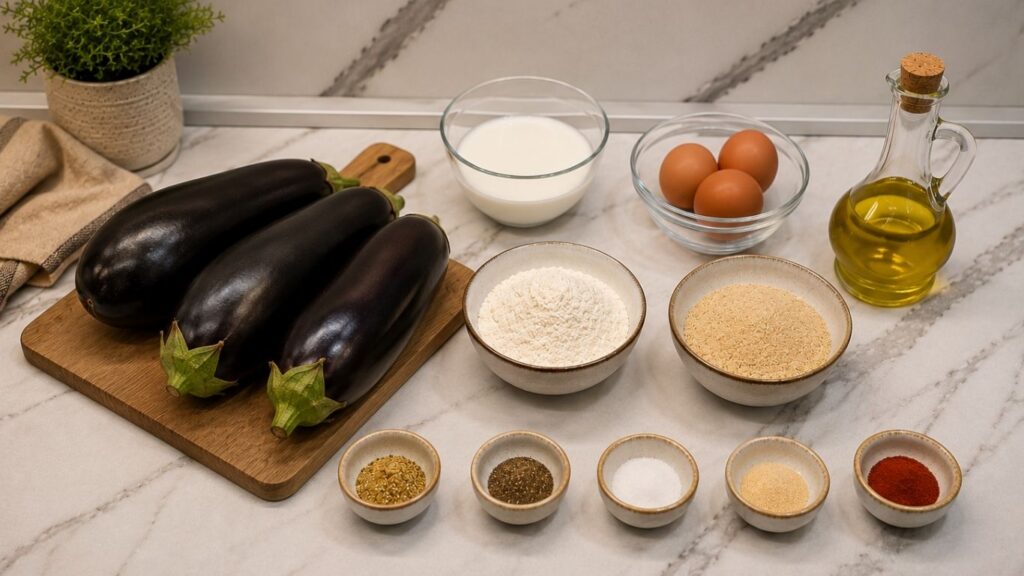Ingredients for breaded eggplant arranged on a table, including eggplant, eggs, milk, flour, breadcrumbs, seasonings, and frying oil.