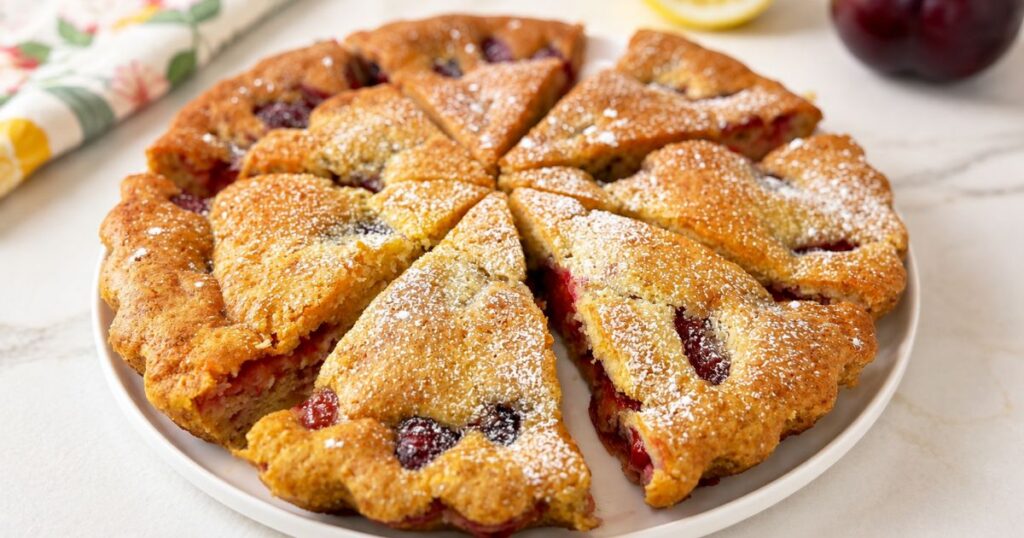 Slice of fresh plum cake with juicy plum pieces and powdered sugar on a blue-and-white plate.