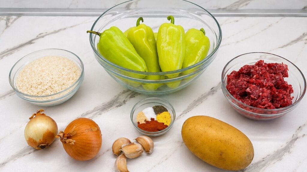 Ingredients for a stuffed peppers recipe arranged on a table, including bell peppers, ground beef, rice, onions, garlic, potatoes, tomato sauce, and seasonings.