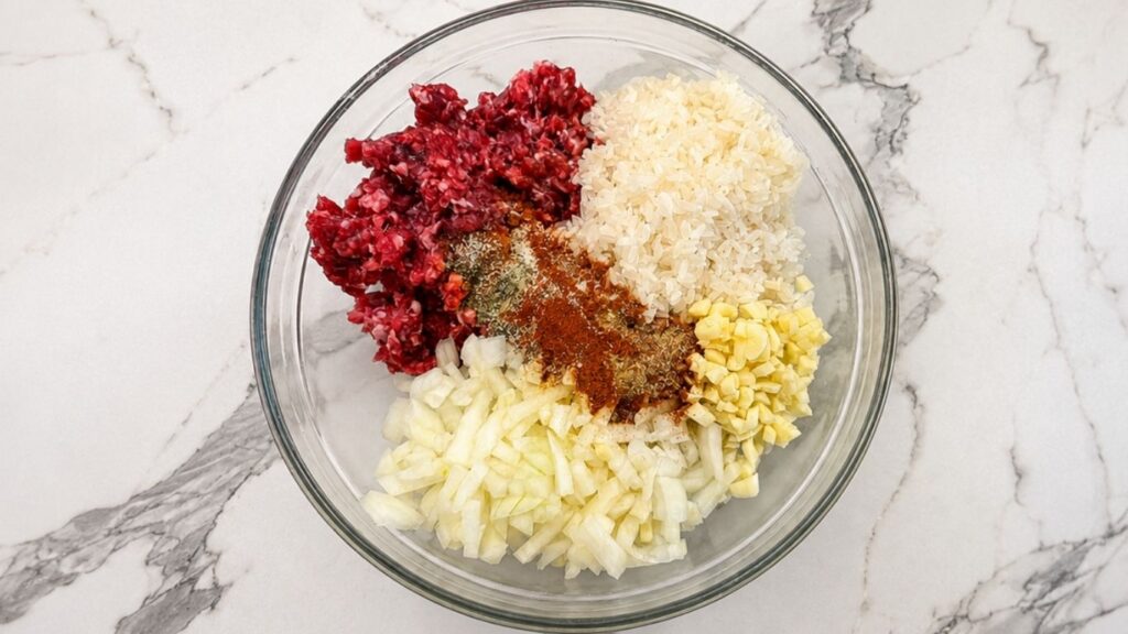 Ground beef, rice, onions, garlic, and seasonings combined in a bowl for a homemade stuffed peppers recipe.
