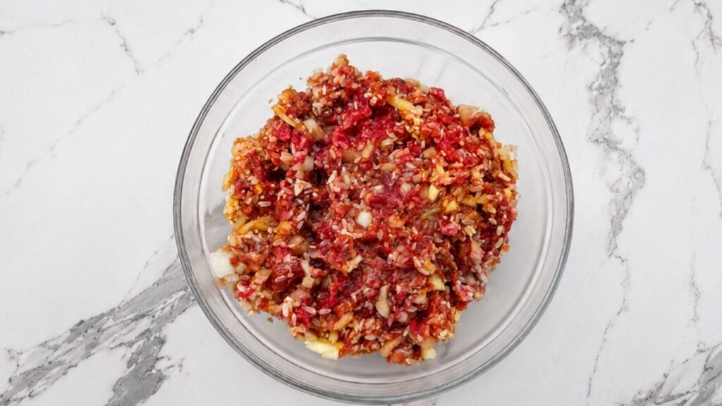 Ground beef, rice, onions, garlic, and seasonings combined in a bowl for a homemade stuffed peppers recipe.