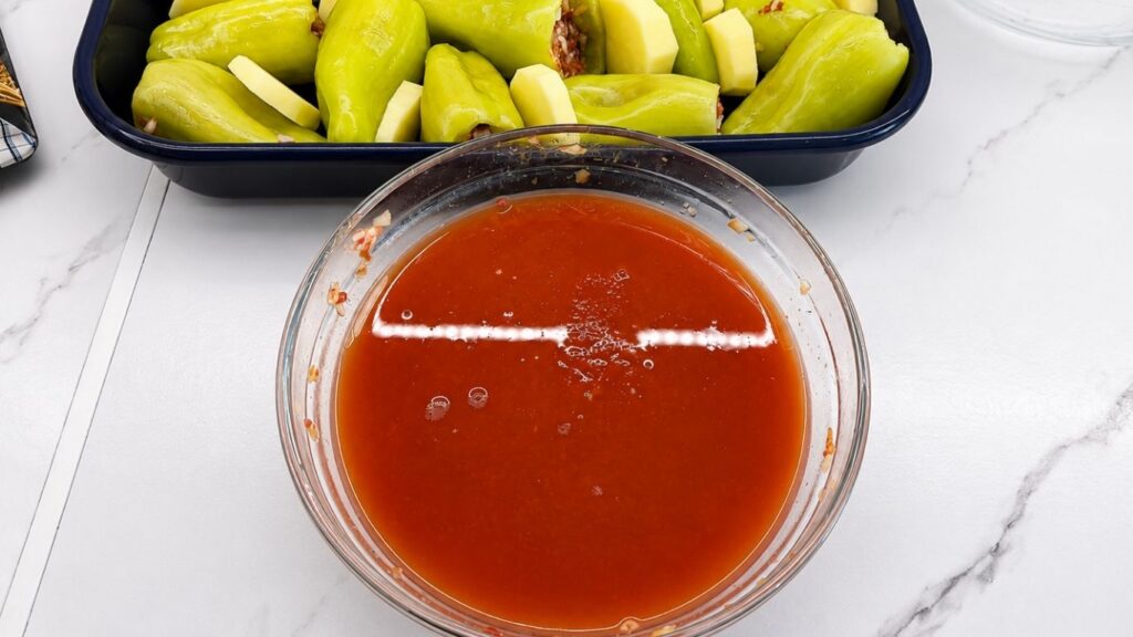 Pouring tomato sauce over stuffed bell peppers and potatoes before baking this homemade stuffed peppers recipe.