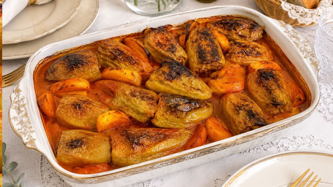 Authentic dolma stuffed peppers recipe baked in tomato sauce with potatoes, served in a white ceramic dish on a decorated table.
