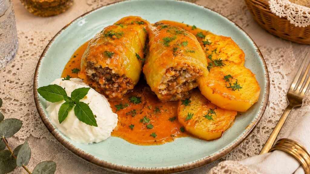 served stuffed peppers recipe with ground beef, rice, tomato sauce, potatoes, and sour cream on a plate.