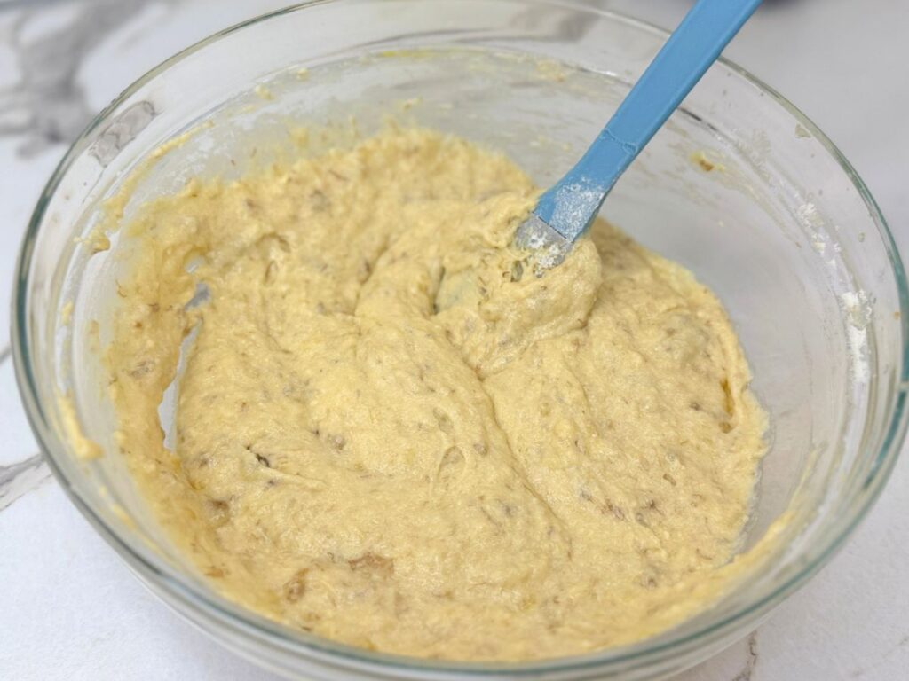 Banana cake batter mixed and ready for baking.