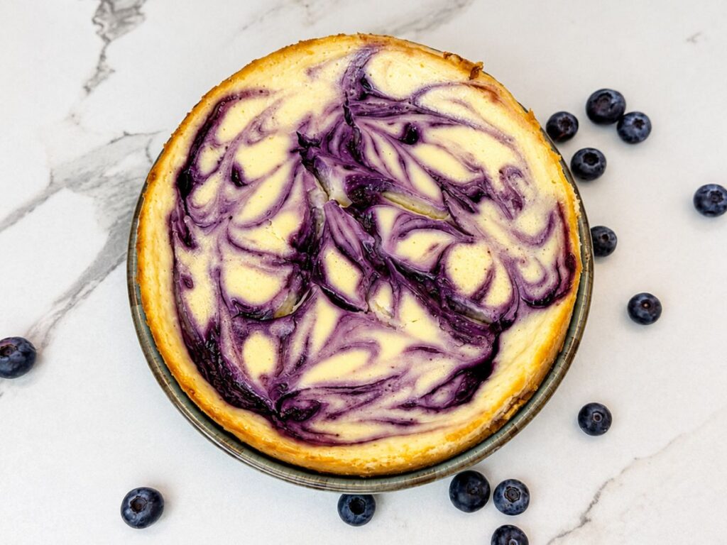 Baked blueberry swirl cheesecake in a springform pan surrounded by fresh blueberries
