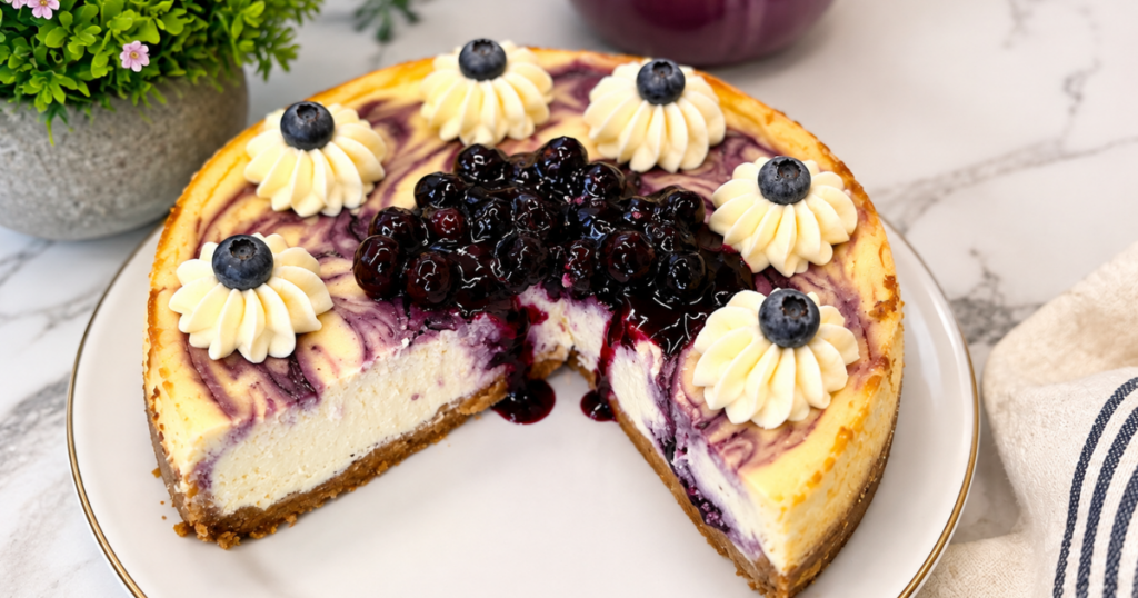 Creamy blueberry swirl cheesecake with a slice removed, topped with blueberry sauce and fresh blueberries