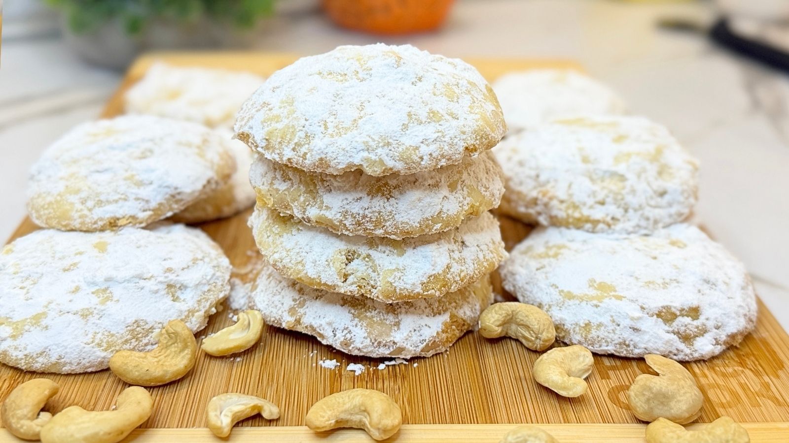 Buttery cashew meltaway cookies coated in powdered sugar