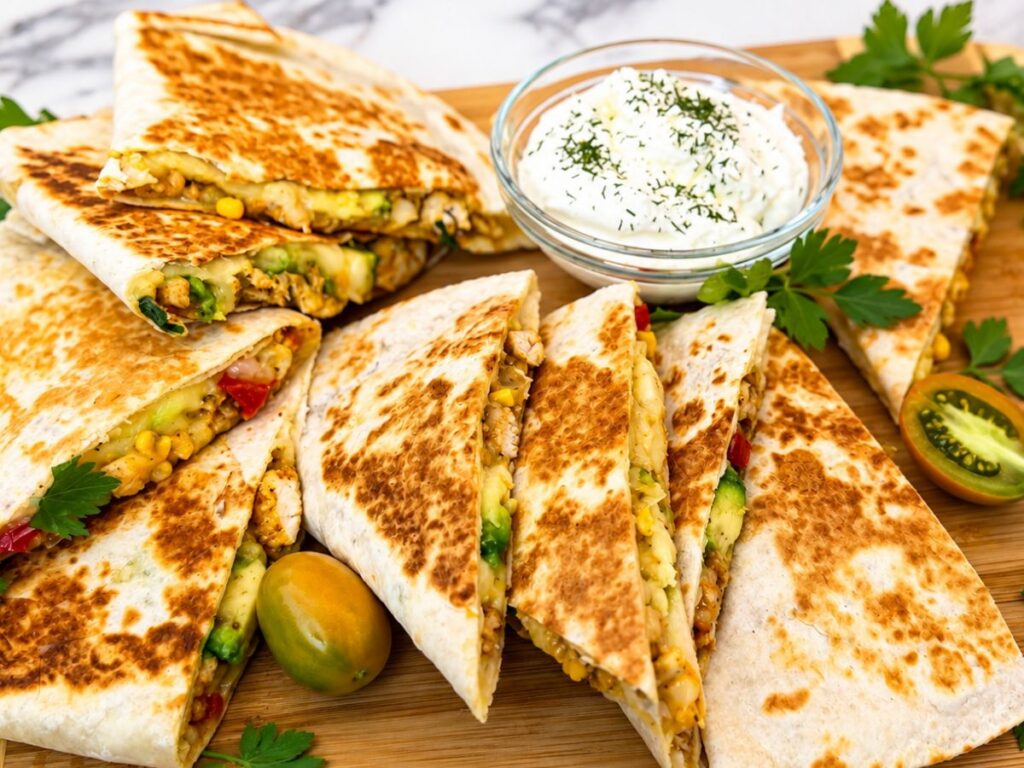 Chicken quesadillas filled with seasoned chicken, melted cheese, bell peppers, corn, and avocado, served with sour cream and fresh parsley.